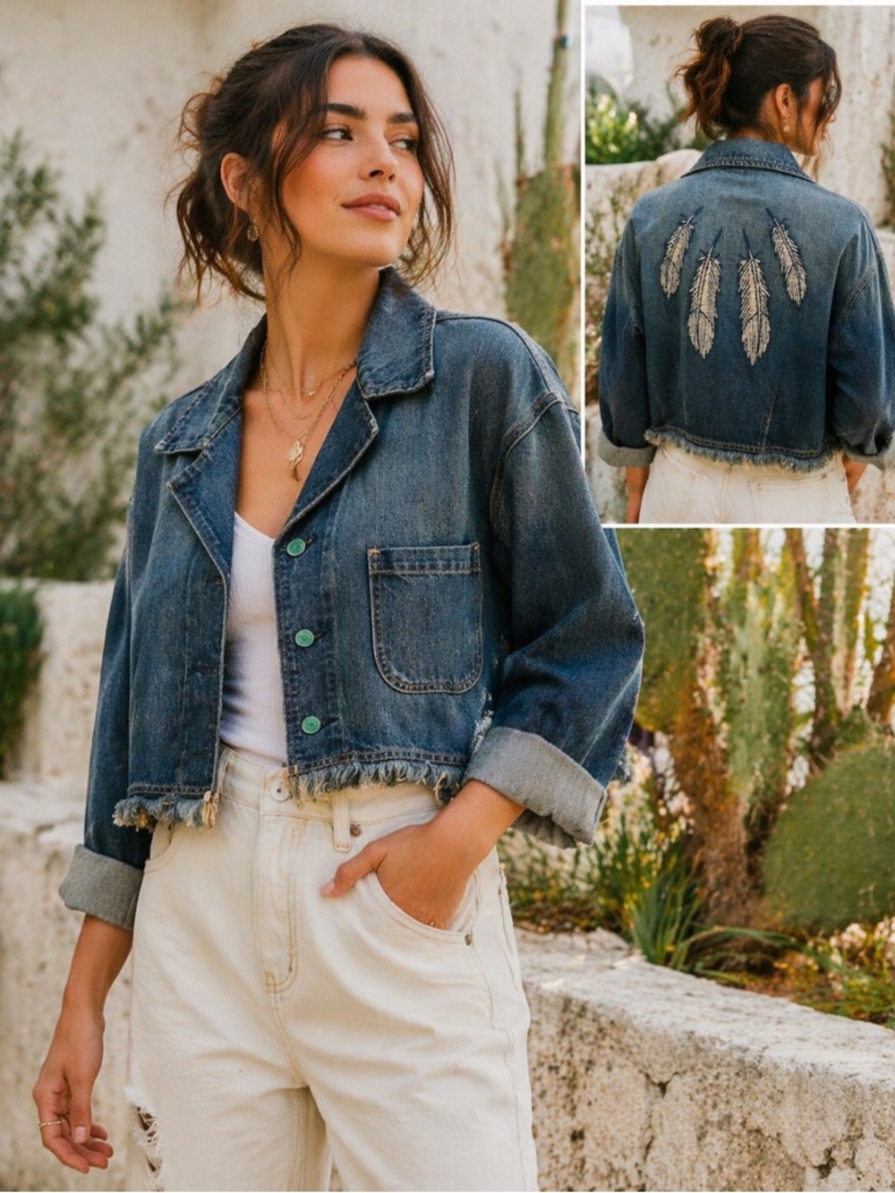 Sandrine Rose x Free People Upcycled Denim Jacket Feather Embroidery Cropped S
